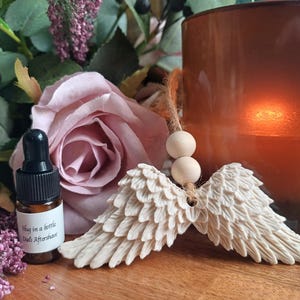 May include: A small brown glass bottle with a black dropper cap and a white label reading Hug in a bottle Dad's Aftershave, positioned next to a cream-coloured decorative ornament shaped like a pair of feathered wings with two wooden beads.