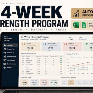 Puede incluir: Una pantalla de portátil que muestra el panel del programa de fuerza de 24 semanas The Outlier Edge. La interfaz muestra el seguimiento de ejercicios, tablas de datos, gráficos de progreso y valores estimados de 1RM en kilogramos.