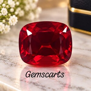 May include: A cushion-cut vibrant red gemstone with a faceted surface that reflects light. The stone is positioned on a white marble surface with the text Gemscarts printed in black below it, showcasing deep crimson hues and clear transparency.