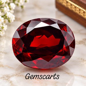 Puede incluir: Una piedra preciosa de color rojo intenso con talla ovalada y múltiples facetas que reflejan la luz, creando un aspecto brillante. La piedra está colocada en el centro y el texto Gemscarts está impreso en negro debajo de la piedra.
