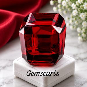 Könnte beinhalten: Ein großer, tiefroter, facettierter Edelstein mit rechteckigem Schliff, der auf einer quadratischen weißen Samt-Präsentationsbox ruht. Die Box trägt den schwarzen Schriftzug Gemscarts auf der Vorderseite. Der Edelstein hat scharfe Kanten.