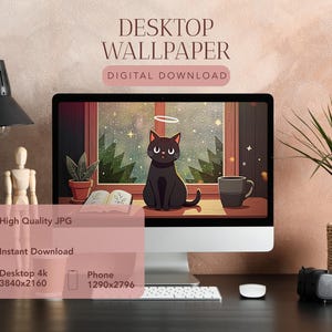 Puede incluir: Un monitor de computadora que muestra una ilustración digital de un gato negro con halo junto a una ventana. La pantalla muestra el texto Desktop Wallpaper, Digital Download, High Quality JPG, Instant Download, Desktop 4k 3840x2160 y Phone 1290x2796.