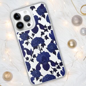 Midnight Blue Iris Floral iPhone Case, Moody Hydrangea Botanical Cover