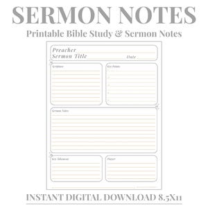 Könnte beinhalten: Ein druckbares Notizblatt für Predigten im Format 21,6x27,9 cm mit dem Text SERMON NOTES und Printable Bible Study & Sermon Notes. Das Layout enthält Abschnitte für Prediger, Predigttitel, Datum, Schriftstelle, Kernpunkte, Notizen, Erkenntnisse und Gebet.