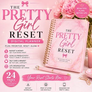 May include: A pink marble-patterned spiral-bound digital planner titled The Pretty Girl Reset with a matching pink pen featuring a crystal topper. The cover displays the title and the text Beautiful Plans. Better Life. Includes 24 pages.