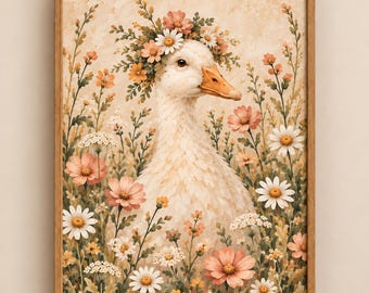 May include: A framed wall art print featuring a white goose wearing a floral crown of daisies and pink blossoms. The goose is surrounded by a field of wildflowers in shades of white, peach, and soft orange, set against a warm, neutral background.