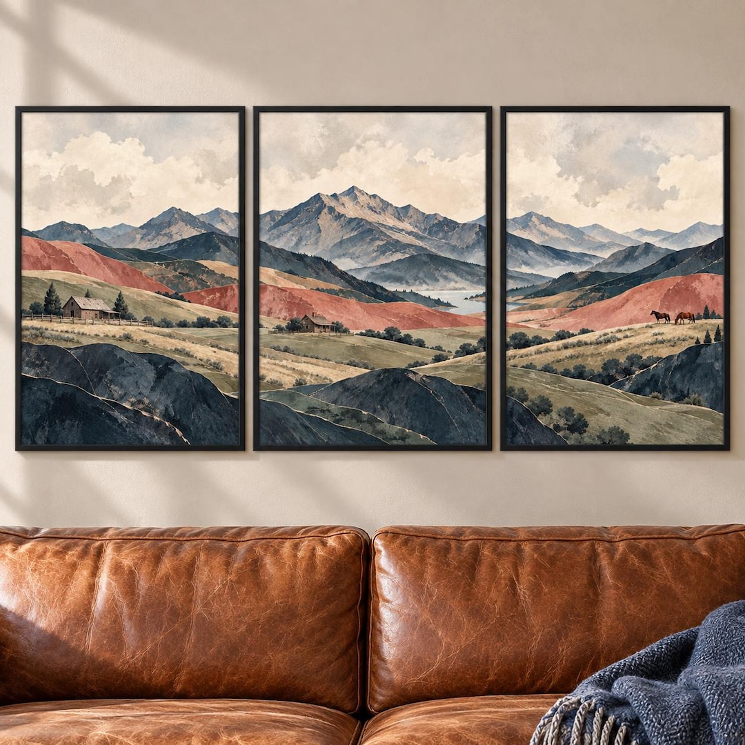 Western Wall Art Set of 3, Abstract Mountain Prints, Ranch Cabin ...