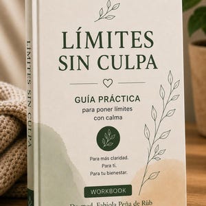 May include: A hardcover book titled LÍMITES SIN CULPA with a cream-colored cover featuring dark green text, a small heart icon, and line-art botanical illustrations. The cover includes the subtitle GUÍA PRÁCTICA and the author name Dr. med. Fabiola Peña de Rüb.