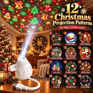 May include: A white Christmas projection lamp with a USB cable, displaying 12 festive patterns including Santa, reindeer, snowflakes, and bells. The device projects colorful holiday icons onto a ceiling, shown alongside a numbered list of scenes.