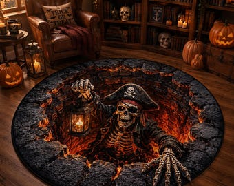 May include: A round area rug featuring a 3D optical illusion of a skeleton pirate emerging from a dark, glowing stone pit. The pirate wears a black tricorn hat with a skull and crossbones emblem and holds a lit lantern in one skeletal hand.
