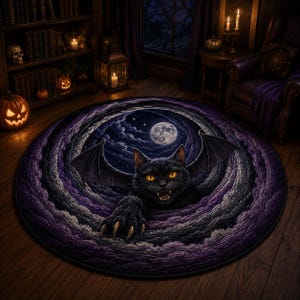 May include: A round area rug featuring a black cat with bat wings emerging from a swirling purple and dark blue cloud vortex. The cat has glowing yellow eyes, sharp claws, and bared teeth. Above the cat, a full moon shines in a starry night sky.