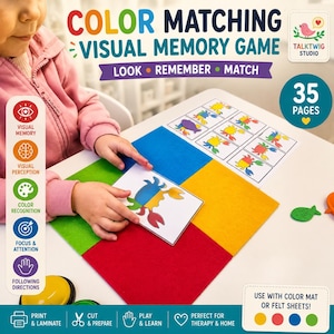 May include: A colour matching visual memory game with 35 pages featuring crab illustrations. The set includes a multi-coloured mat with red, yellow, blue, and green sections, and printed cards for matching activities, labelled with Talktwig Studio branding.