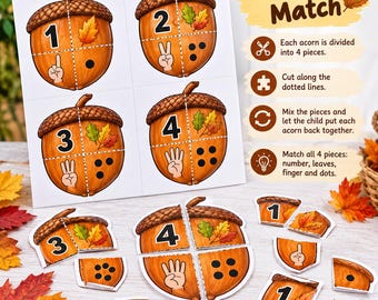 Acorn Number Matching Puzzle | Fall Math Activity for Preschool (PDF)