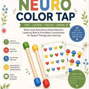 Könnte beinhalten: Ein Neuro Color Tap Lernspielset mit zwei Holzschlägeln mit farbigen Enden, zwei Karten mit Herz- und Pilzillustrationen sowie Anleitungstext. Das Design zeigt botanische Ränder mit einem Marienkäfer und einer Raupe.