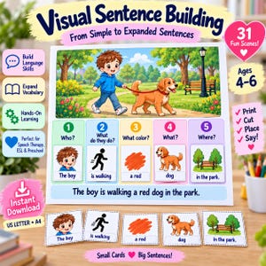 May include: A Visual Sentence Building educational set featuring a large illustration of a boy walking a dog in a park. The set includes numbered colour-coded cards for Who, What do they do, What colour, What, and Where, with the sentence The boy is walking a red dog in the park printed below.