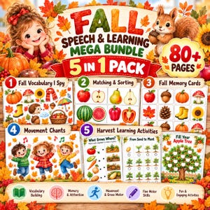 Può includere: Un pacchetto 5 in 1 Fall Speech & Learning Mega Bundle di oltre 80 pagine con illustrazioni di un bambino, uno scoiattolo, zucche e foglie autunnali. Il pacchetto include sezioni per vocabolario, abbinamento, memoria, canti di movimento e attività.