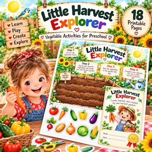 Puede incluir: Una hoja de actividades imprimible titulada Little Harvest Explorer que incluye recortes de verduras, una ilustración de un huerto e instrucciones para niños en edad preescolar. El set incluye 18 páginas con gráficos de verduras.