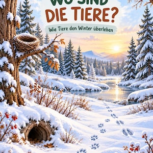 May include: A book cover titled WO SIND DIE TIERE? Wie Tiere den Winter überleben, featuring a snowy winter landscape with a tree, a bird's nest, an animal burrow, and paw prints leading across the snow toward a frozen river and mountains.