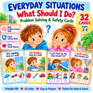 May include: Everyday Situations What Should I Do? Problem Solving & Safety Cards set featuring 32 cards for ages 3-6. The box cover displays illustrations of two children, a boy and a girl, with four sample cards showing scenarios and multiple-choice icons.