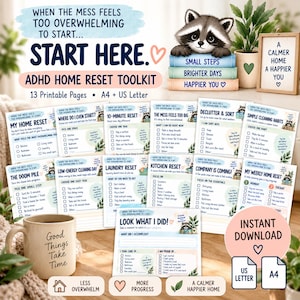 Könnte beinhalten: Ein ADHS-Haushalts-Reset-Toolkit mit 13 druckbaren Seiten in A4 und US Letter. Die Seiten enthalten Checklisten für Organisation, Putzgewohnheiten und Fortschrittsverfolgung, verziert mit einer Waschbären-Illustration und motivierenden Texten.
