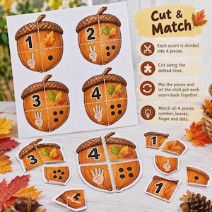 Herbstliche Zählspiele für Vorschulkinder, Eichel-Zahlen-Zuordnungspuzzle (PDF), Arbeitsblatt mit Zahlen für den Kindergarten im Herbst (druckbar), Aktivität für den Heimunterricht