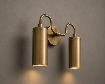 Handmade Antique Brass Double Wall Sconce, Floral Shades, Vanity Light (8"H x 14"W)