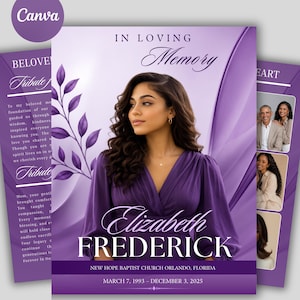 May include: A funeral program template in shades of purple featuring the text In Loving Memory, Elizabeth Frederick, New Hope Baptist Church Orlando, Florida, and March 7, 1993 – December 3, 2025, with a central portrait of a person in a purple top.