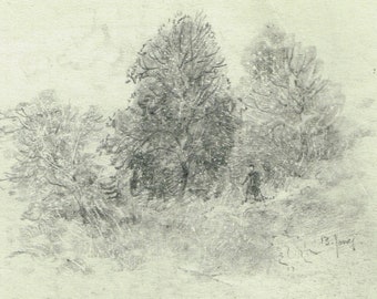 Small woodland landscape pencil sketch drawing by Ben Lones 1884-1974