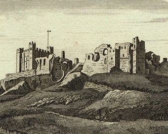 Antique vintage Georgian sepia etching engraving print ' Bamborough Castle in Northumberland  ' by Thornton