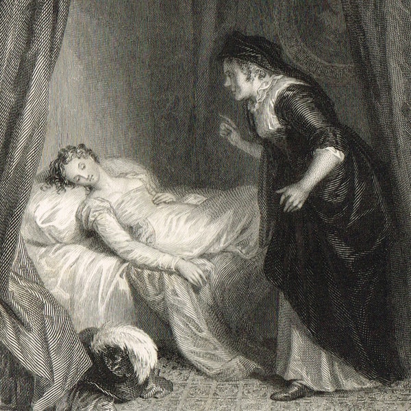 Antique vintage Victorian beautiful lady, ' Juliet & the Nurse ' engraving print by J Wright