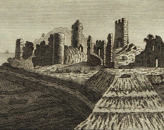 Antique vintage Georgian sepia etching engraving print ' Aberistwith Castle in Cardiganshire  ' by Eastgate