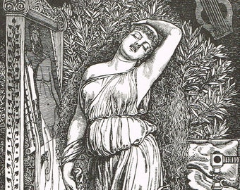 Antique vintage 1800s, Victorian beautiful lady book plate print ' Danae in the Brazen chamber ' by Joseph Swain