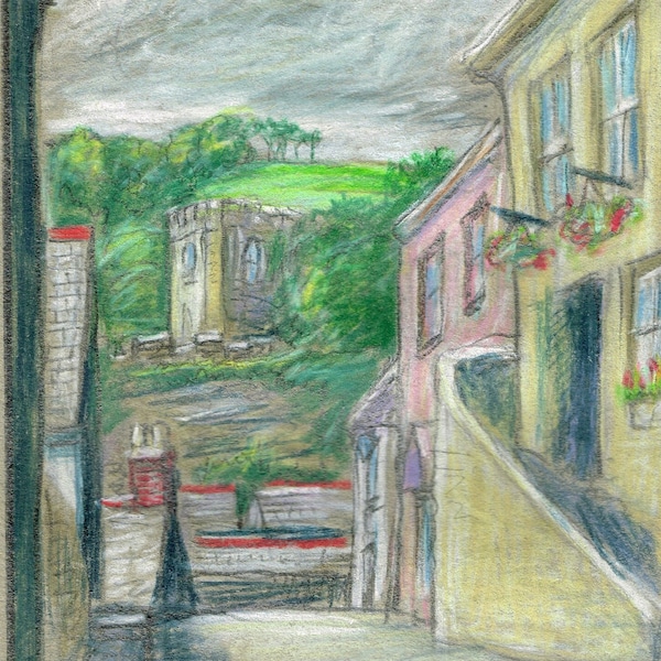 Vintage original 1960s drawing / painting picture of Bull Hill, Bideford by Devon artist Victor Papworth