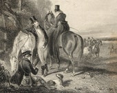 Antique vintage original Victorian book plate, etching engraving print 39 The Rendezvous 39 by F C Turner, hunting, horses ,dogs