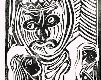 Vintage black and white lino cut print , surreal primitive faces , hand printed