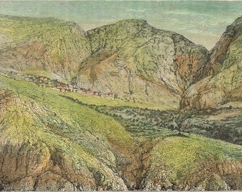 Antique original vintage Victorian hand coloured etching engraving print / cutting - View of Castri, Mount Parnassus