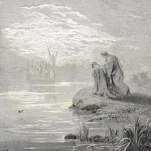 Paradise Lost antiker Druck 'Die Ankunft des Bootes' von Gustave Dore 1890er Jahre, Stahlstich - Cassel's Dore Gallery