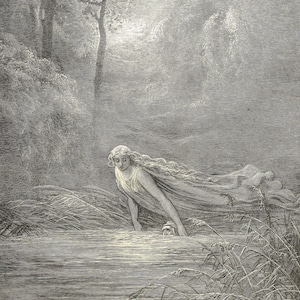 Antiker Druck 'Dante und der Fluss Lethe' Paradise Lost, Gustave Dore 1890er Jahre, Stahlstich - Cassel's Dore Gallery
