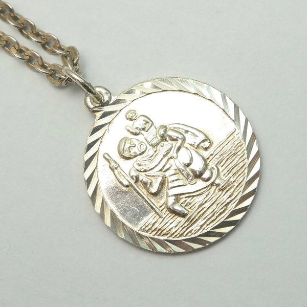 Vintage small 1980s, sterling silver, St Christopher Christian Catholic pendant and chain - jewelry, jewellery