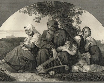 Antique vintage Victorian black white etching engraving print ' The captives in Babylon ' by Bendemann, Christian Catholic