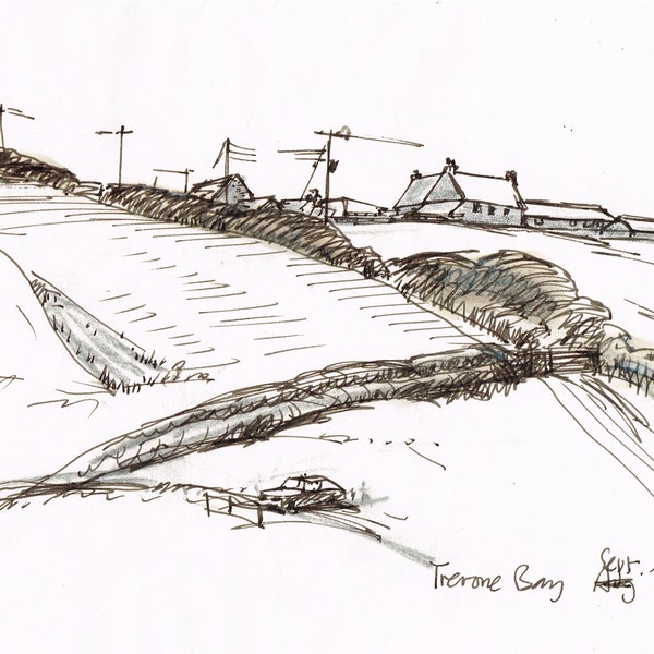 Vintage original 1970s ink sketch drawing picture of Trerone Bay, Cornwall