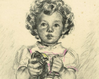 Vintage large 1930s / 1940s pastel drawing of a little girl by H Pine , H Plies