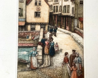 Large vintage 1920s aquatint engraving etching print of a British street scene by Frederick Marriott