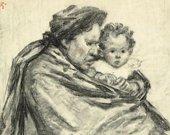 Vintage large 1930s / 1940s pastel drawing of a Victorian lady with baby by H Pine , H Plies