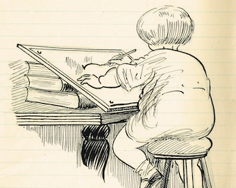 Vintage antique original Art Deco 1930s pen and ink, sketch drawing of child at a desk by S E James