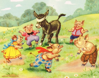 Antique original vintage coloured print by Helen Haywood, donkey and pigs, children nursery