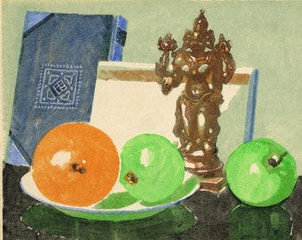 Vintage 1930s / 1940s hand printed fruit still life by H Pine , H Plies