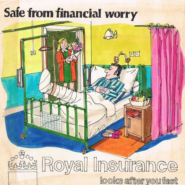 Original advertising artwork, 1960s 1970s Royal Insurance advert drawing by Alan Tabrum