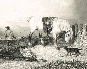 dog Antique vintage 1800s Victorian etching engraving print ' A Moor Scene '  print by Herring