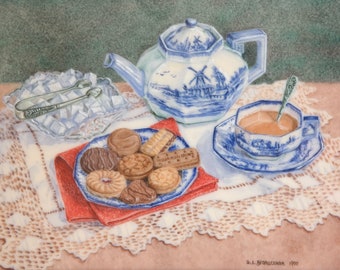 Vintage 1990s framed miniature watercolour on ivorine by Dianne Branscombe RMS, Tea time treat, tea and biscuits